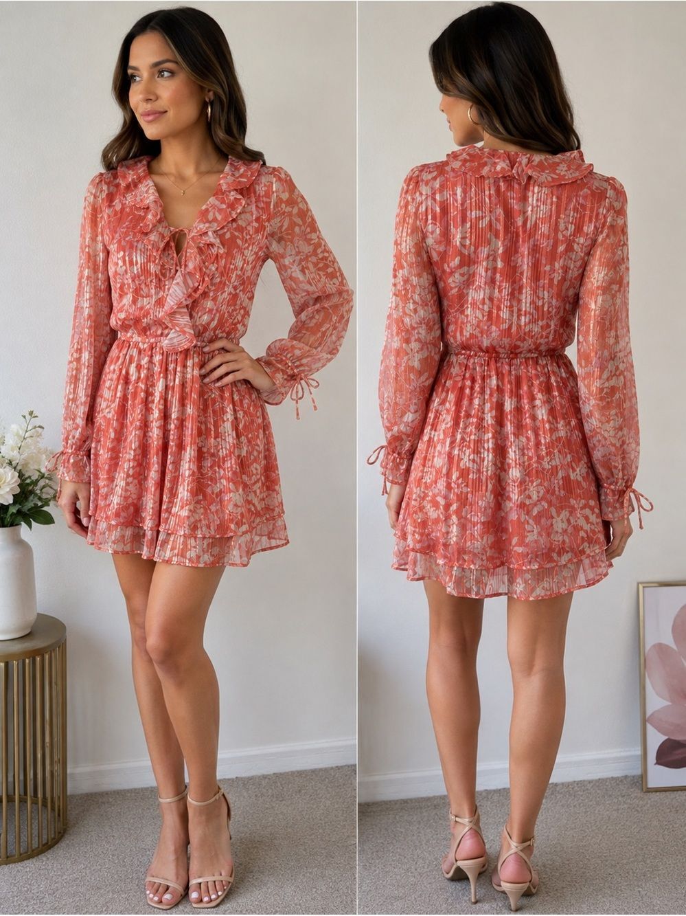 Bcbg Women's Coral and Beige Floral Wrap Mini Dress Y2k Boho Romantic Size 2